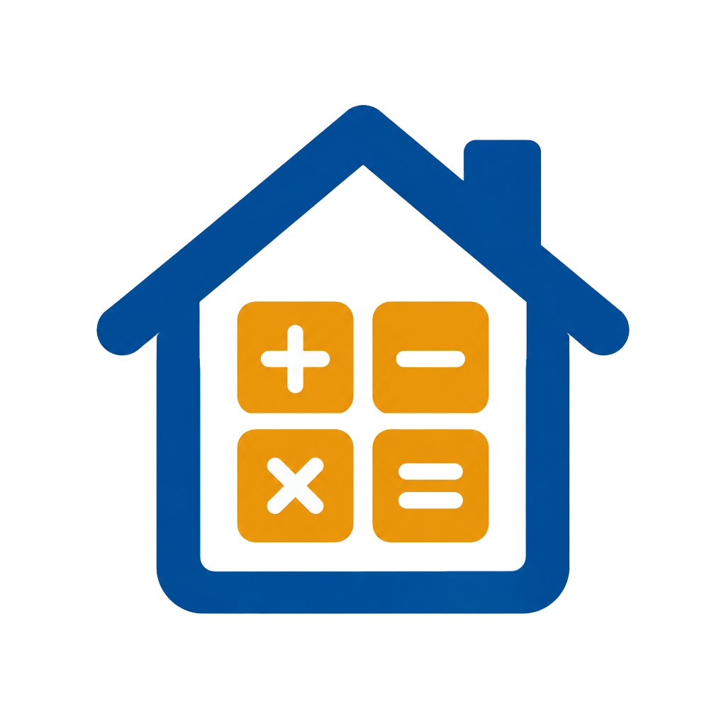 Byggkalkyls logotyp: ett blått hus med en kalkylator inuti